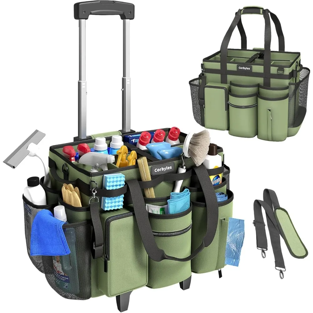 

Portable Rolling Cleaning Caddy with Detachable Trolley, Large Waterproof Organizer Bag for Home and Car (Green)