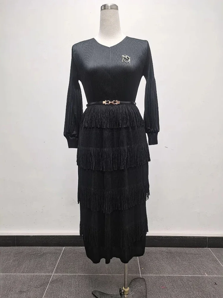 

Women's Pleated Dress V Neck Lantern Long Sleeve Stretchy Loose Women's Dresses Fashion Casual Hundred Tassel Patchwork Design