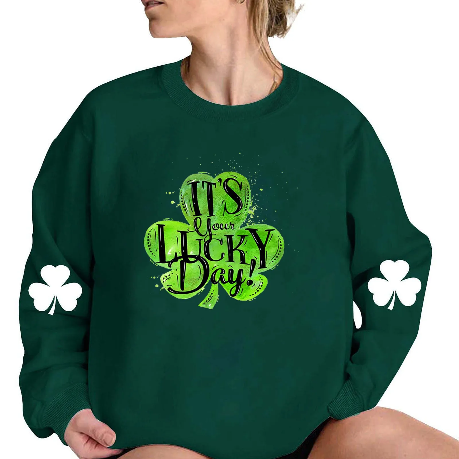 

Women Sweatshirt Happy St. Patrick’S Day Long Sleeve Ireland O-Neck Pullover Top Blouse Festival Clovers Shamrock Print Pullover