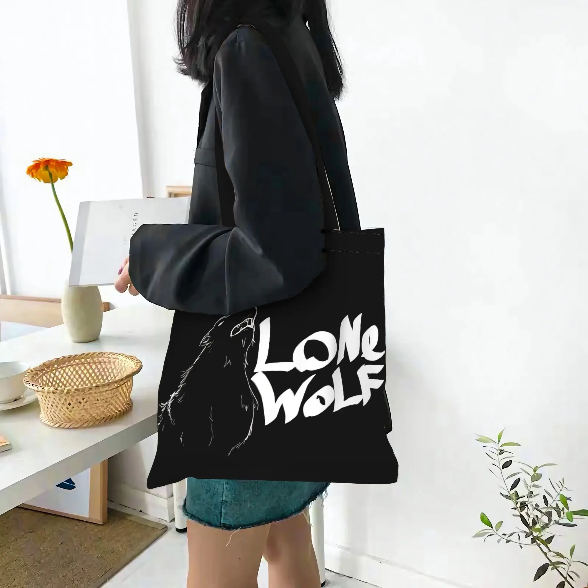 Customized Cool WOLF Women's Bag Shopping Bag Reusable Double Sided Canvas Tote Bag Shoulder  Handbag