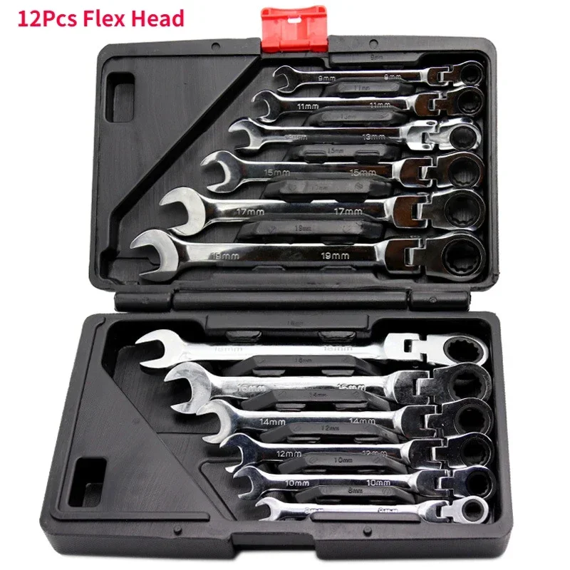 Krachtige 12Pcs 72 Teeth Ratchet Wrench Set Hand Tools Fix Head Flex Head Chrome Vanadium Steel Hand Tools