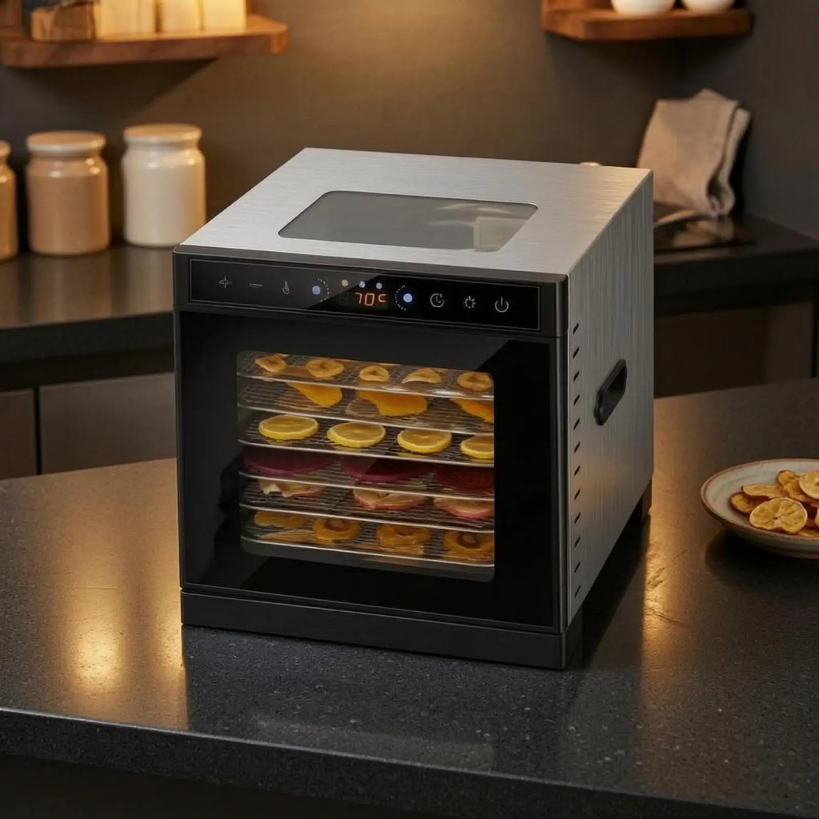 Countertop Food Dehydrating Machine 6 Mesh Trays Stainless Steel Household Drying Oven with Illumination for Homemade Jerky