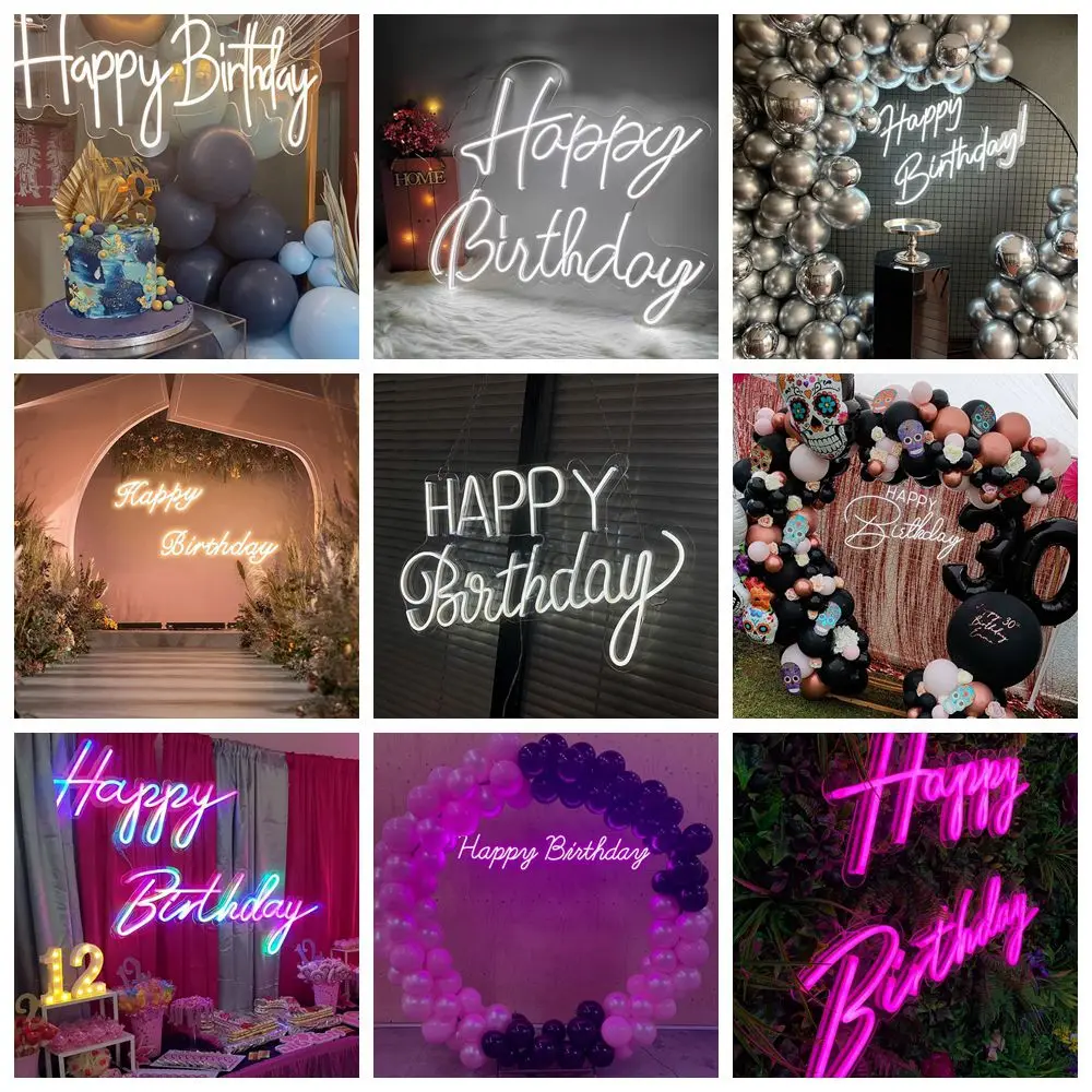 LED Neon Sign 'Happy Birthday' Wall Decor Transparent Acrylic Light for Wedding Party Private Custom Celebration Decoration