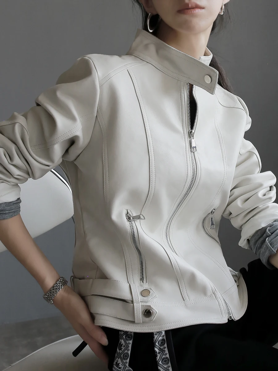 

Warmo2025 мотоциклетная куртка из искусственной кожи, женское облегающее пальто с воротником-стойкой на молнии, Новое поступление, осеннее пальто для поездок на работу Faion
