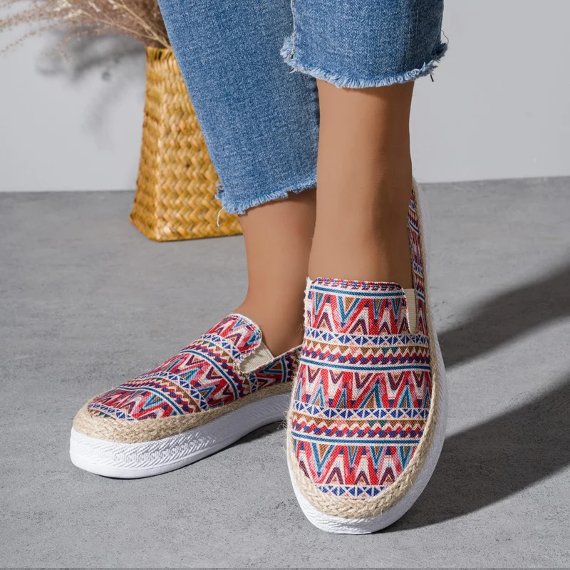 Casual Stripe Canvas Shoes Woman Thick Sole Slip-on Espadrille Sneakers Ladies Sailor Style Vacation Linen Loafers