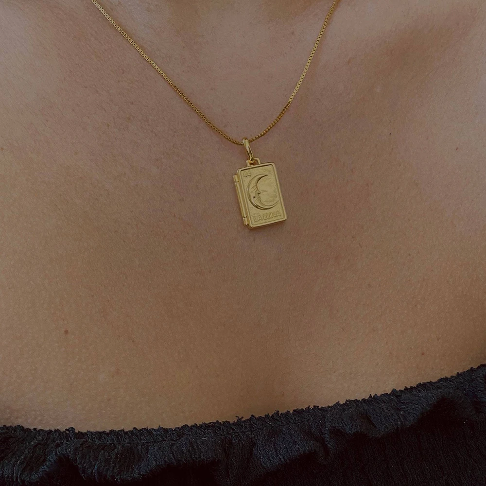 Vintage Moon Heart Square Geometric Photo Frame Locket Necklace for Women Stainless Steel Choker Necklaces Collar Jewelry Gifts