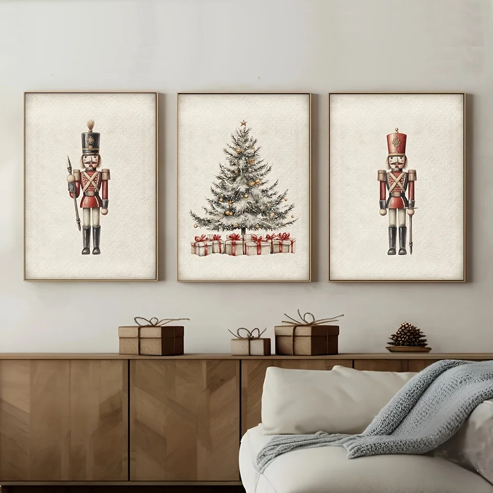 3pcs/set Vintage Nutcracker Christmas Canvas Prints Minimalist Winter Holiday Design Wall Art Posters for Modern Home Decor Gift