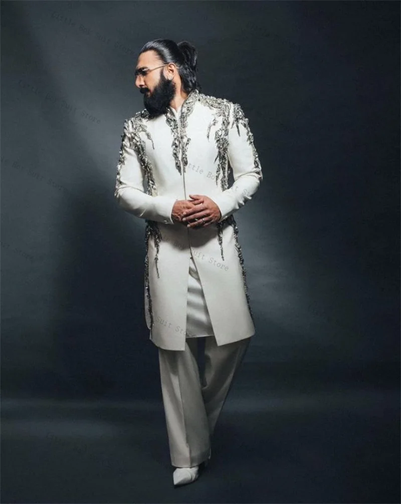 

White Crystals Men Suit Set 2 Piece Wedding Tuxedo Long Jacket Blazer Pant Trousers Cotton Formal Office Party Coat Customized