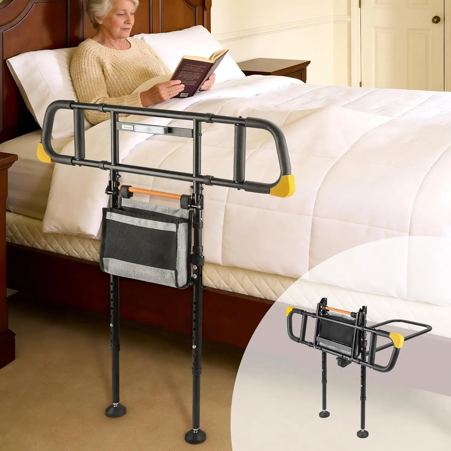 C5 Pro Bed Rail for Home Safety - Foldable Bed Rail for Seniors with Motion-Activated Light & Storage Bag, 350 lbs Capacity