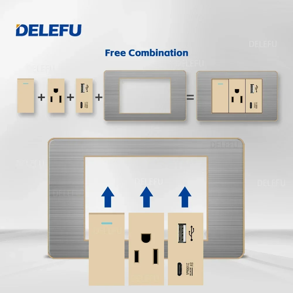 DELEFU- American Standard Switch Socket Stainless Steel Gold Border Grey Panel Series Power Socket