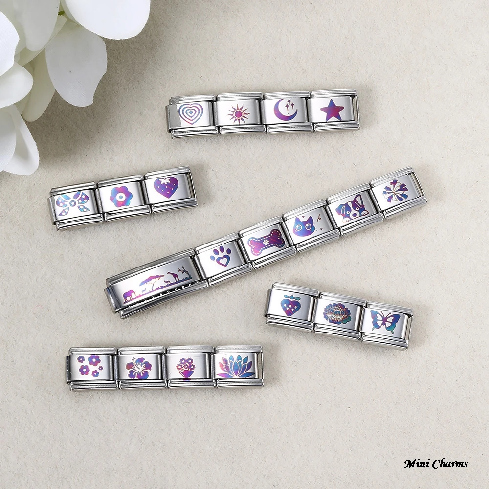 Herz Schmetterling Blume Stern Mond Katze Hund UV-Laser-Gravur Italienischer Charm-Anhänger Passend für 9mm Mode Edelstahl-Armband Schmuck – Detail 1