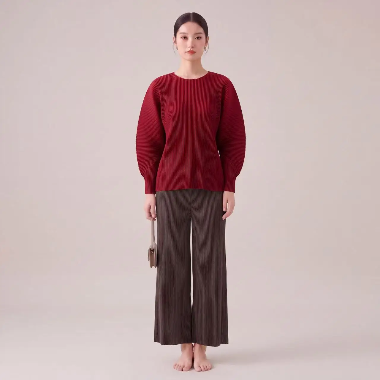 Miyake Women Red Miyake Pleated Top, Round Neck Lantern Long Sleeve Loose Wrinkle Resistant Casual Blouse
