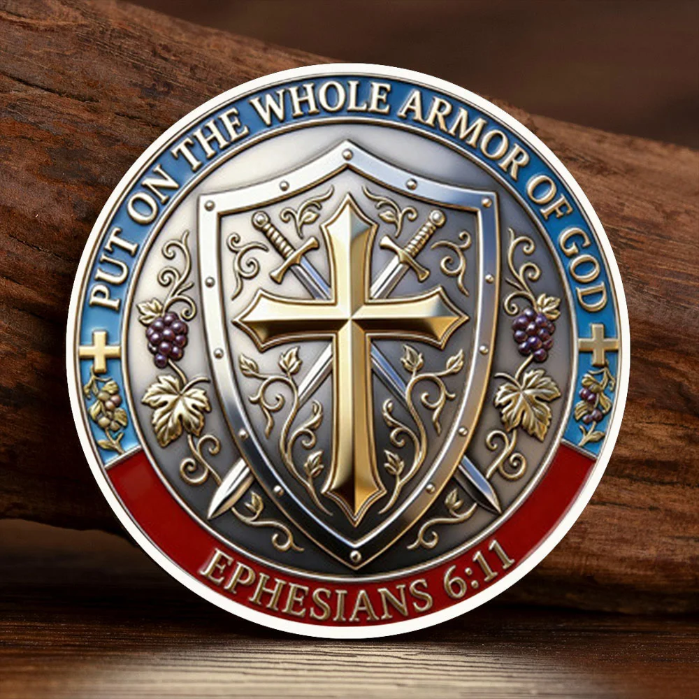 A Man of Faith A Warrior of Christ Commemoration Coin Silvery Plated Put on The Whole Armor of God Cross Collection Coin