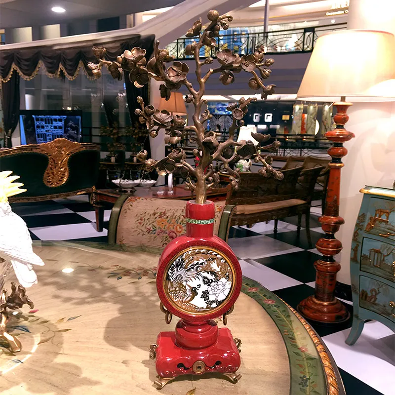 YJQ French Chinese style ornament red ceramic inlaid copper phoenix flying brass cash tree decoration