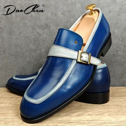 Zapatos de cuero de marca de lujo para hombre, mocasines informales con correa de monje, sin cordones, para boda y oficina, color negro y azul