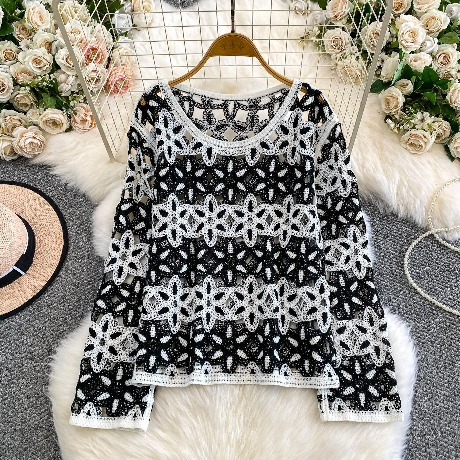 

n Holiday Sle Long Sve Hook Flower Hollow out Knitted Sun Protection Top Women Spring Autumn Loose Slim Fit irt