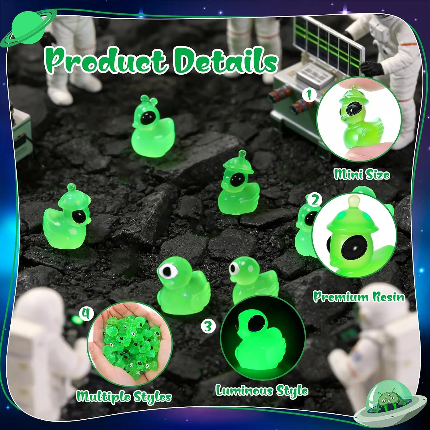 24Pcs Mini Alien Ducks Glow in The Dark Green Resin Figurines