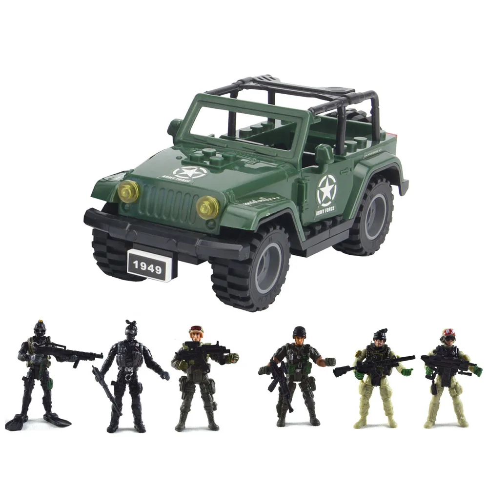 1 conjunto de blocos de construção jeep, modelo de montagem, figura de ação, construtor do exército, modelo militar, arma de construção para terrorista, equipe swat, presentes