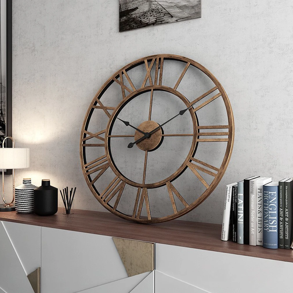 

Large Wall Clocks Roman Numerals Retro Round Metal Iron Accurate Silent Nordic Hanging Ornament Living Room Decoration Modern 3D