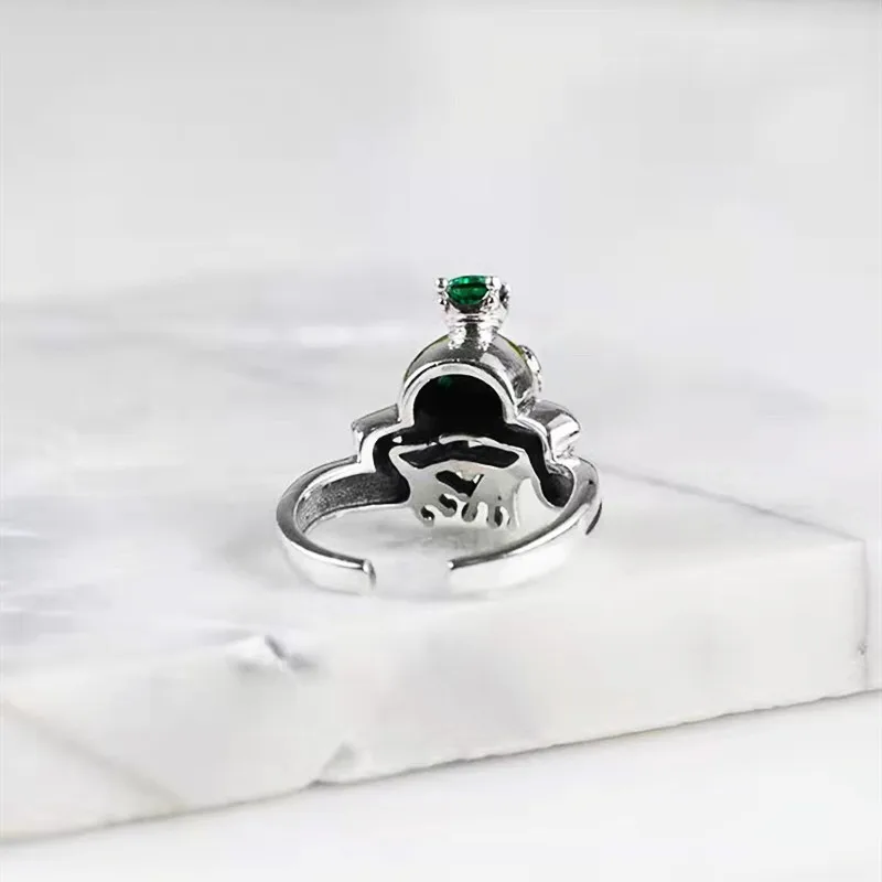 Vintage Silver Color Frog Prince Rings for Men Women\'s Inlay Green CZ Zircon Crystal Frog Animal Adjustable Rings Punk Jewelry