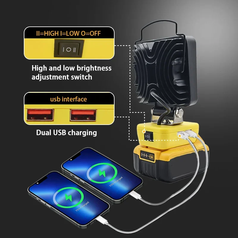 자동차 LED 작업등 손전등 전기 토치 스포트라이트, USB 보조배터리, 디월트 18V 20V 리튬 이온 배터리, 하이 로우 빔 컨트롤