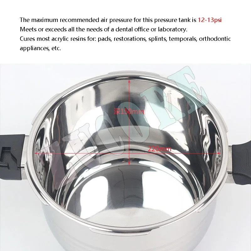 Dental Laboratory Denture Curing High Temperature Pressure Cooker Sterilization Pneumatic Polymerization Pot With Pressure Gauge