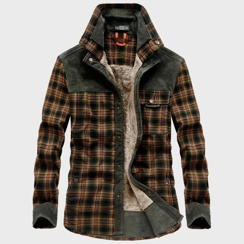 2023 Brand Casual Plaid Shirt Men Winter Thick Wool Liner Warm Mens Shirts 100% Cotton Long Sleeve Patchwork Shirts Camisa