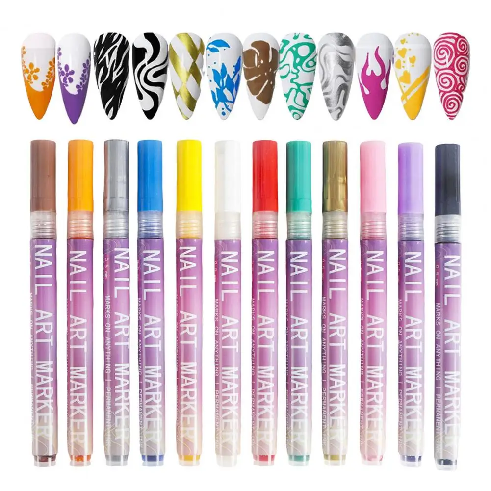 Zestaw 12 profesjonalnych pisaków do zdobienia paznokci DIY, markery do rysowania na paznokciach żelowych, szybkoschnące pisaki z precyzyjnymi końcówkami 0,5 mm