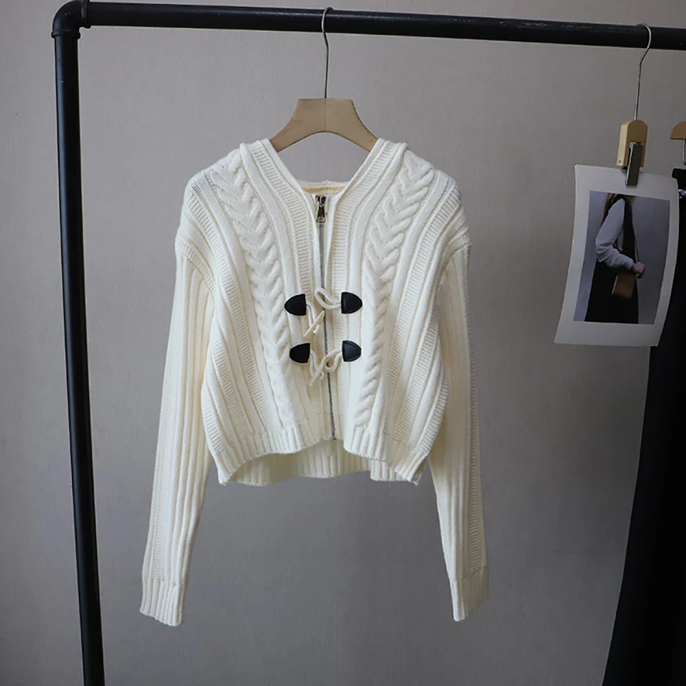 

Женский осенне-зимний свитер с капюшоном, кардиганы, корейские однотонные короткие вязаные верхняя одежда, повседневные универсальные свободные свитера для поездок на работу