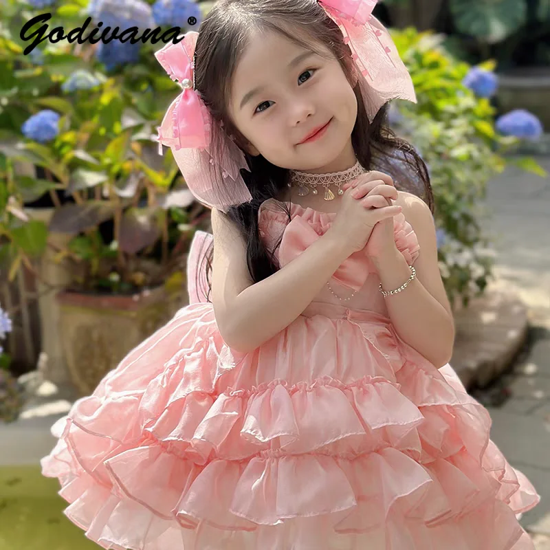 Baby Girls Sweet Pink Lolita Princess Sundress New Summer 2026 Childrens Sleeveless Bow Train Ruffle Trim Luxury Cake Tutu Dress