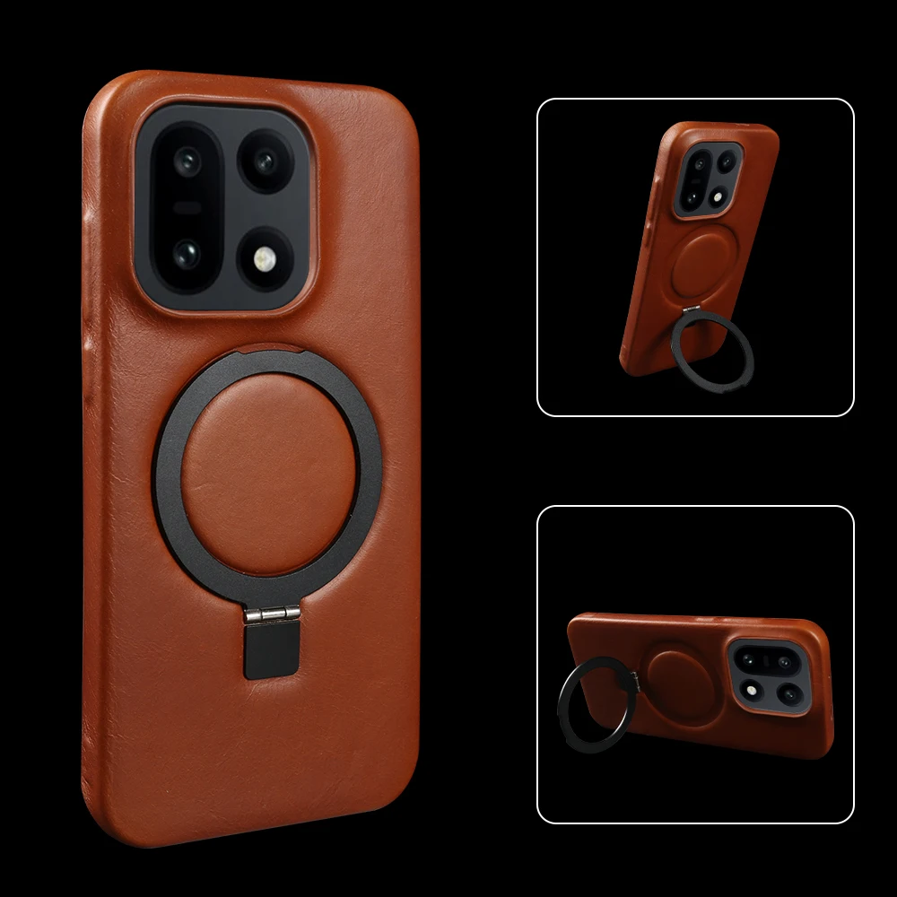 

For Magsafe Bracket Ring Genuine Leather Case for OnePlus 15 15R 13T 13S 12 11 10 Ace 5 Pro 6 6T Nord CE5 Phone Case Back Cover