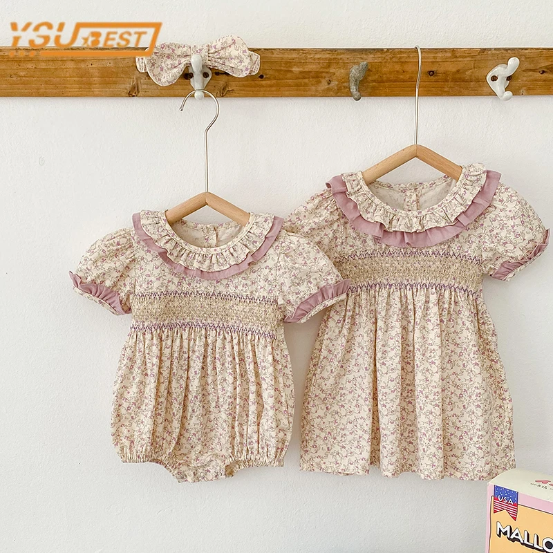 Sister Outfit Summer Girl Baby Romper Toddler Baby Girls Embroidery Dresses Infant Children Cotton Short Sleeve One-piece Romper