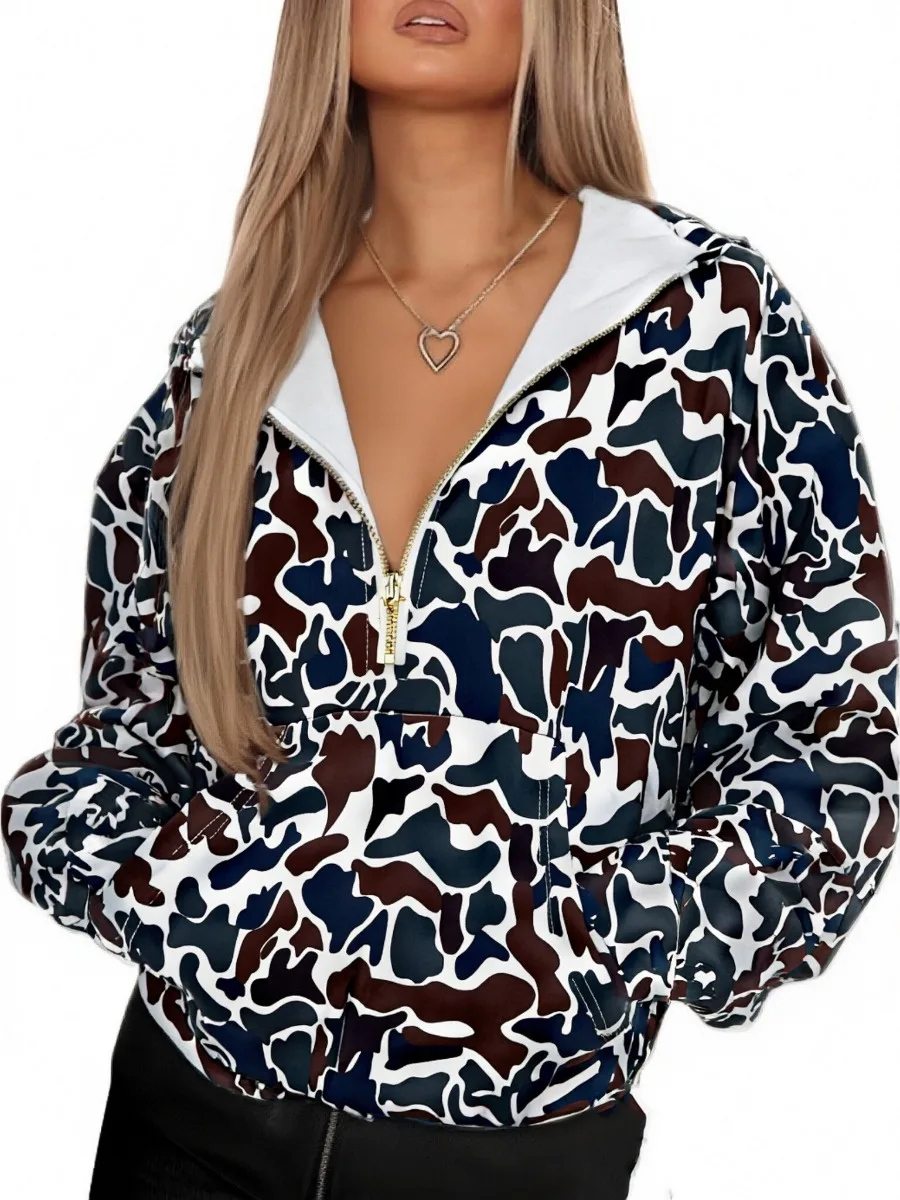 

Women Camo Hoodie Oversized Quarter Zip Pullover Leopard Print Patchwork Hoodies