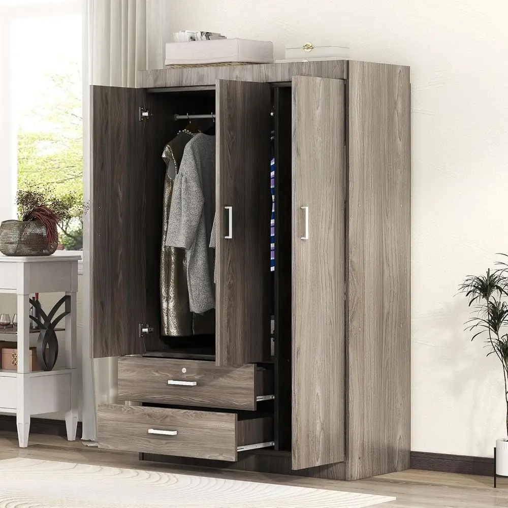 

Large Standing Armoire Wardrobe Cabinet with 2 Drawers, Wood Grain Effect in Gray, Bedroom Clothes Storage Organizer