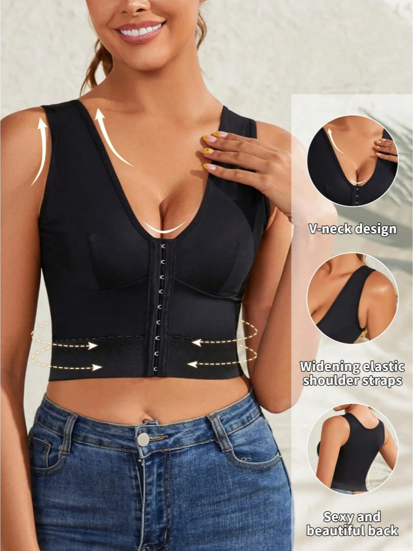 Women's Solid Color Tight-Fitting V-neck Crop Top Shaper Adjustable Hook Closure Tummy Control Waist Slimming Body Corset Top