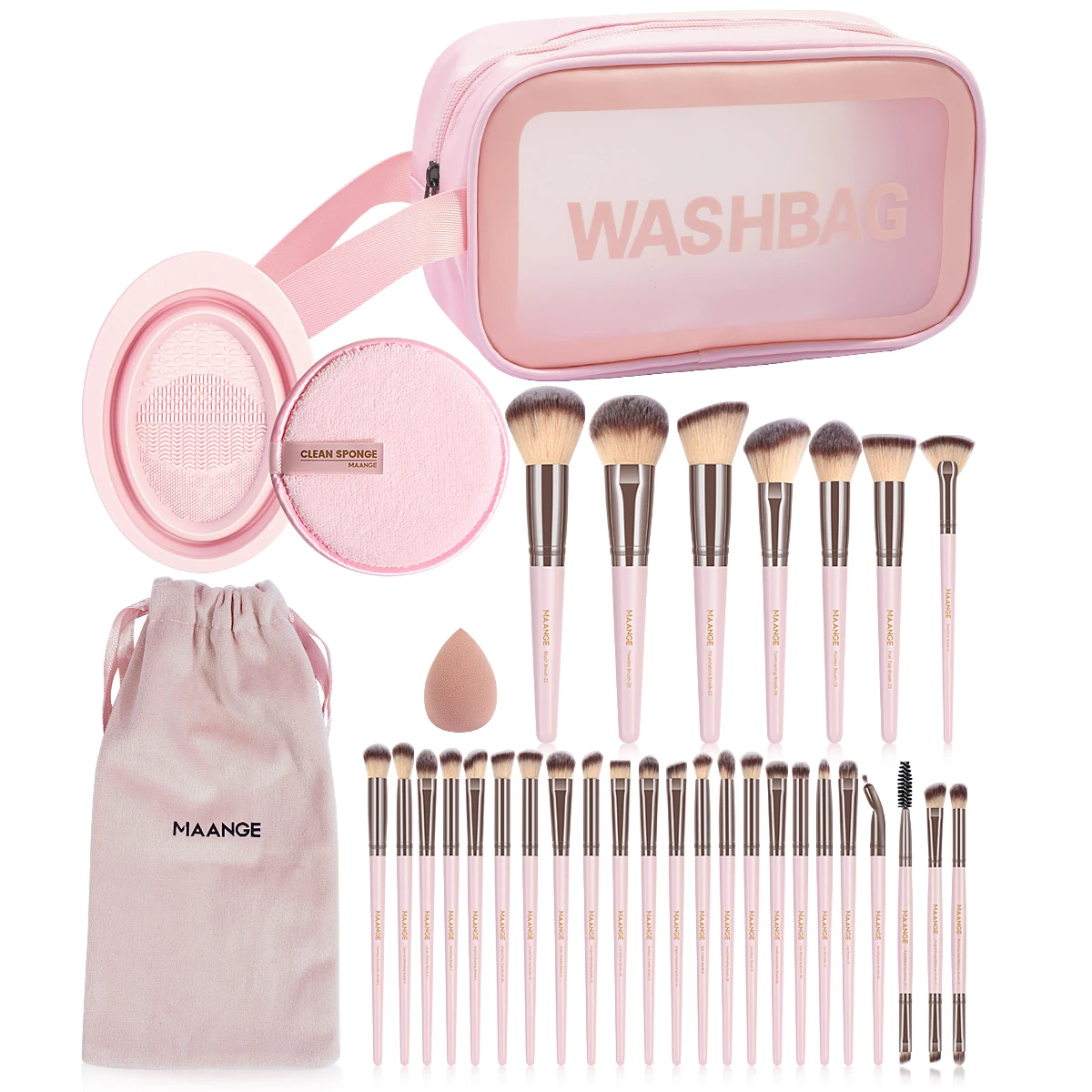 MAANGE 34PCS Makeup Tools Kits 30PCS Foundation Powder Eyeshadow Brush with Bag Makeup Remover Puff Silicone Brush Cleaner Sets