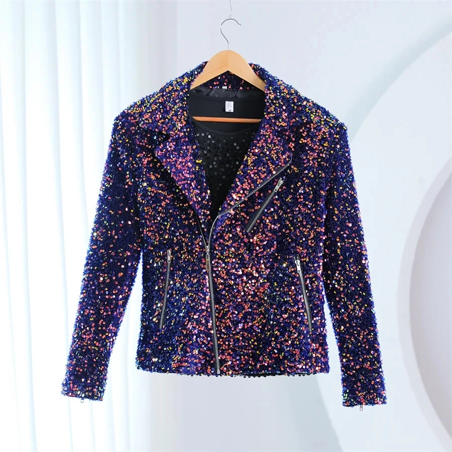 Plus Size S-6XL Glitter Sequins Jacket Bar Stage Male Singer Slim Zipper Motorcycle Casual Coat DJ Hip Hop Dance Show Costume