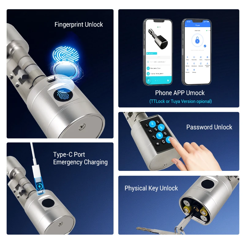 Waterproof Wifi Fingerprint Password Smart Door Key Lock Cylinder European Family Hotel Apartment Wooden Door