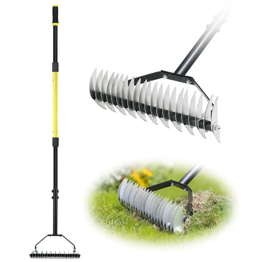 

Thatch Rakes for Lawns, 15Inch Metal Dethatcher Rake, Thatching Rake with Steel Long Handle for Cleaning Dead Grass
