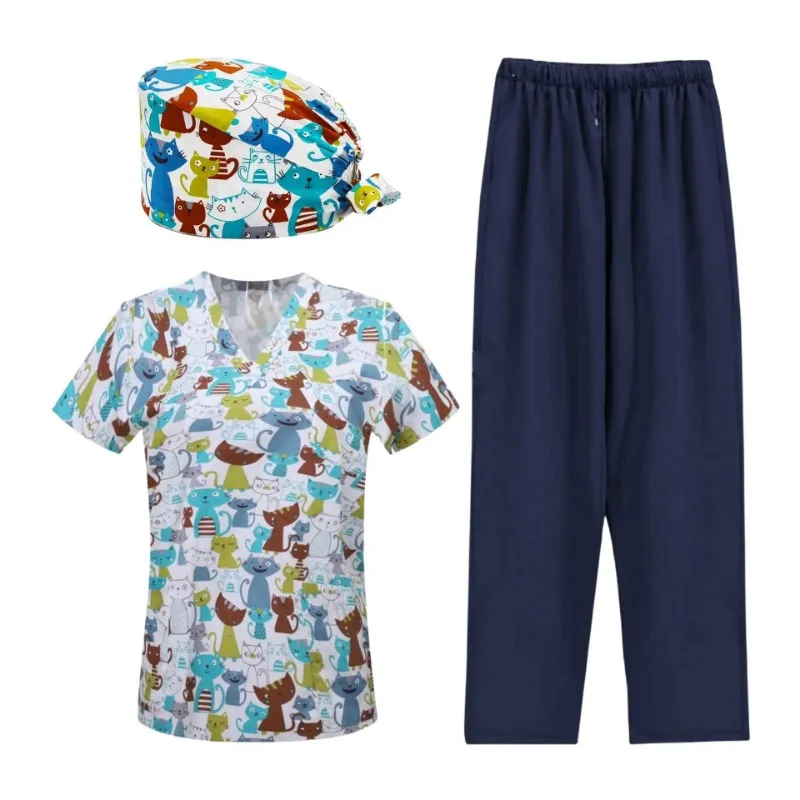 Uniforme de enfermera de Farmacia de manga corta, ropa de trabajo para médico de Hospital de mascotas, uniformes de cirugía Dental, traje de tres piezas con estampado de dibujos animados médicos