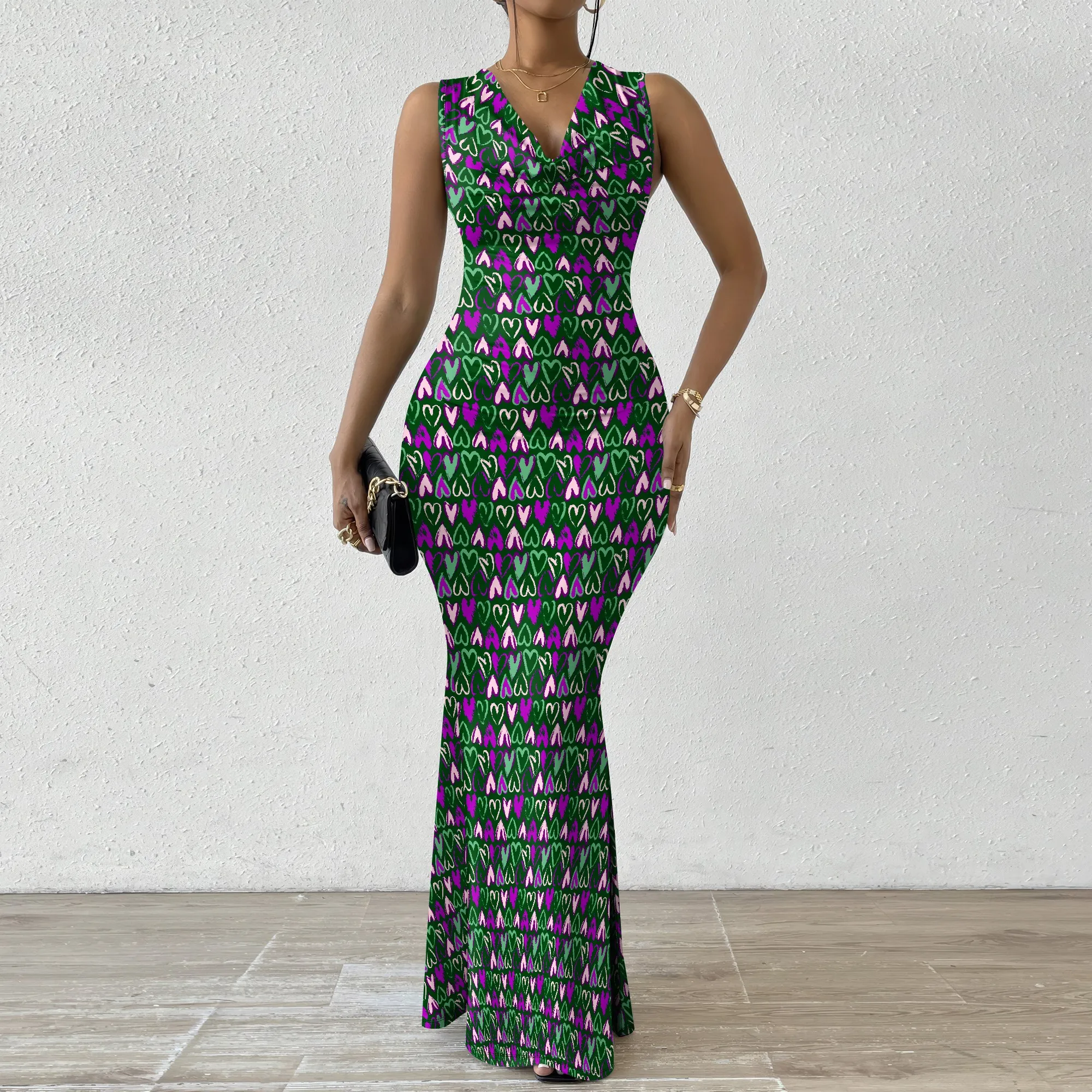 

Women's Mermaid Dress Fitted Cowl Neck Fishtail Dress XS-2XL Heart Design for Business Networking Event Cocktail Hour
