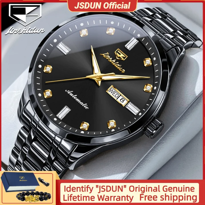 JSDUN 8841 Men Watch Full Black Stainless steel High-strength Mirror Glass Waterproof Luminous Automatic Mechanical Watch for Me