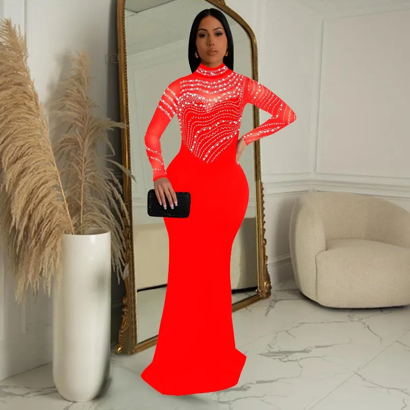 KEXU Hot Rhinestones Pearl Women Long Sleeve O-neck Bodycon Floor Length Long Dress Diamonds Sexy Party Evening Prom Dresses