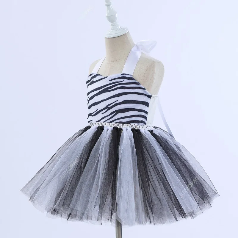 Kids Girls Halloween Dress Up Cosplay Animal Theme Party Zebra Handmade Mesh Tutu Dress With Matching Hair Hoop Tail