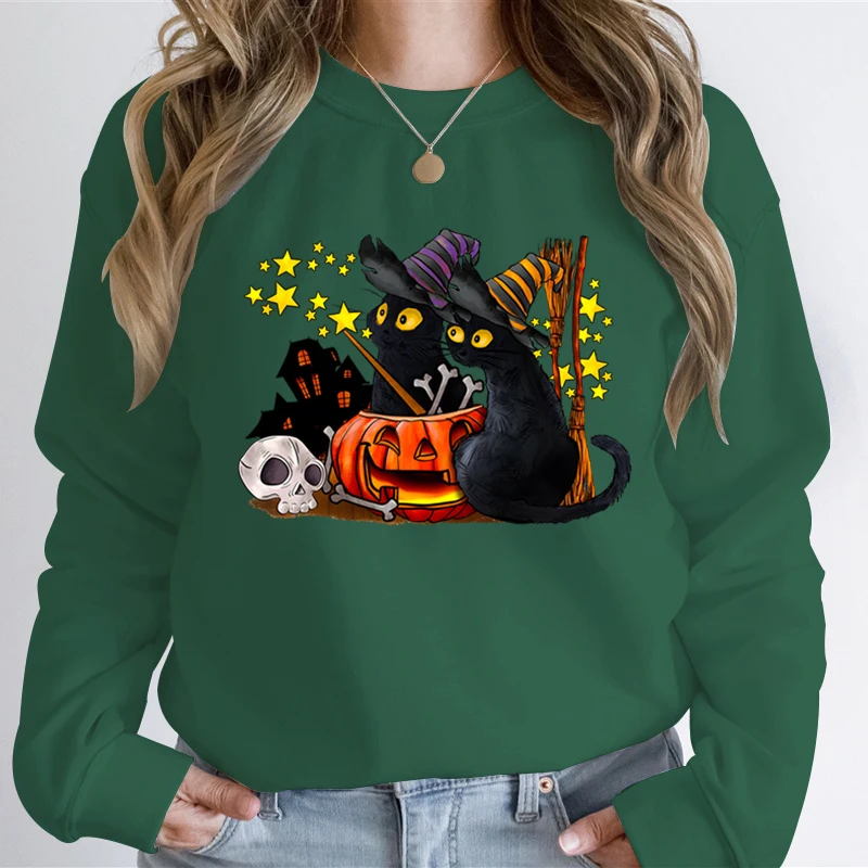 Cat Lover Halloween Ghost felpe donna Skeleton Black Cat Print felpa con cappuccio Skeleton Pumpkin Halloween Ghost Hoodies