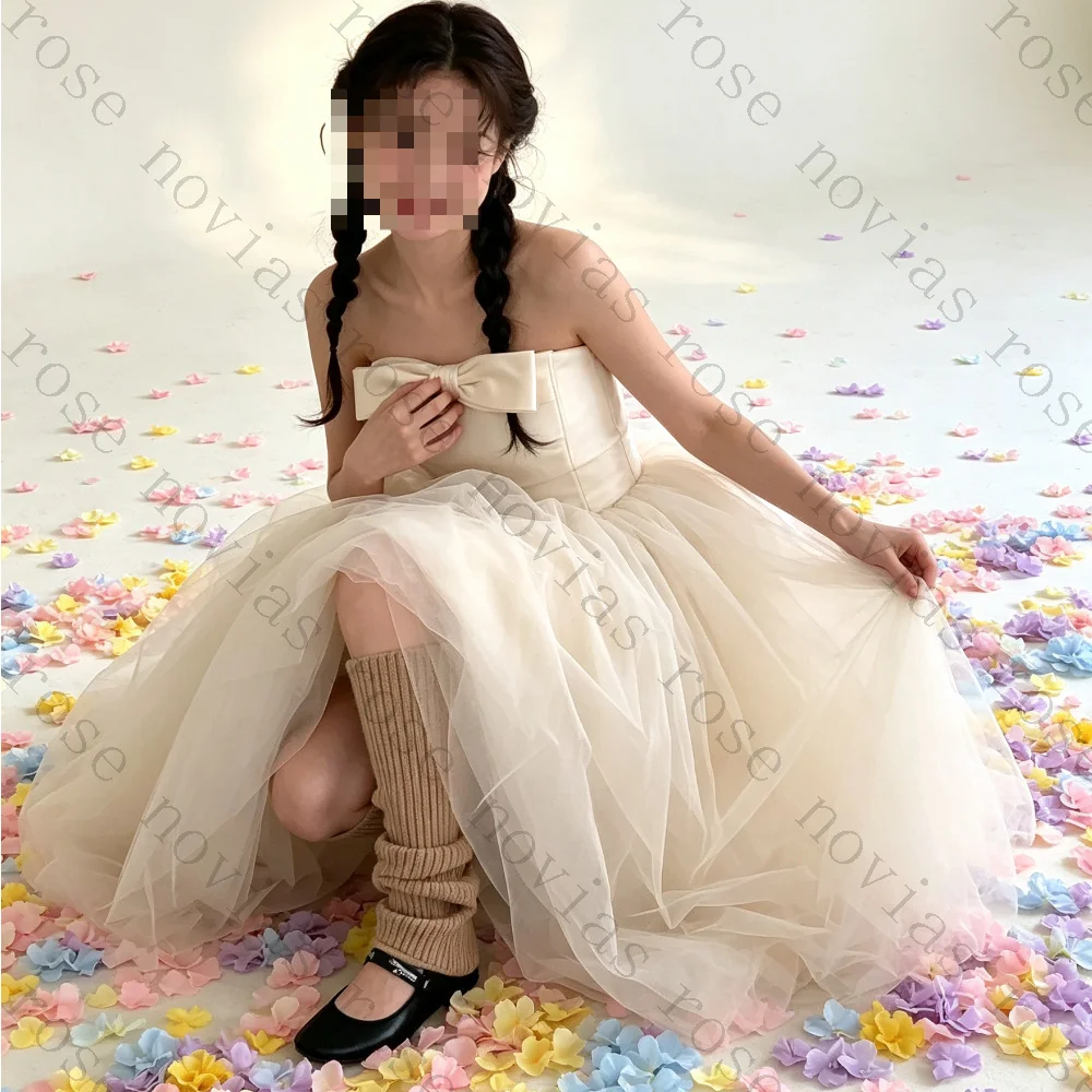 Customized Strapless Bow Satin Mini Wedding Dresses Cream Tulle Puffy Skirt Cute Short Elopement Reception Bridal Party Gowns