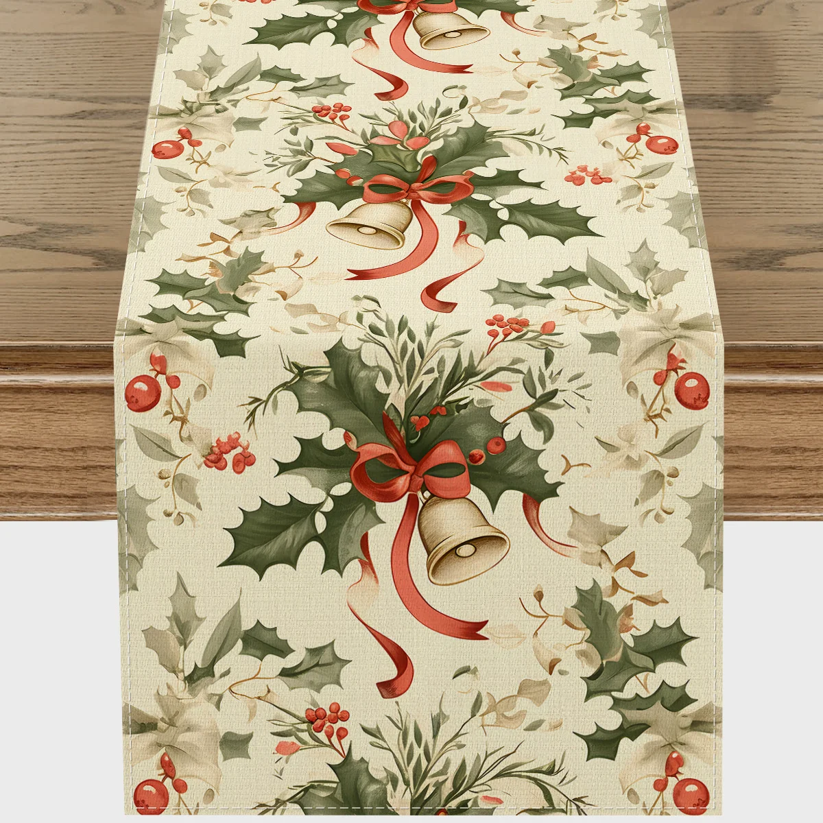 Christmas Holly Berries Red Bells Linen Table Runner Party Decor Reusable Xmas Kitchen Dining Table Runner Christmas Decorations