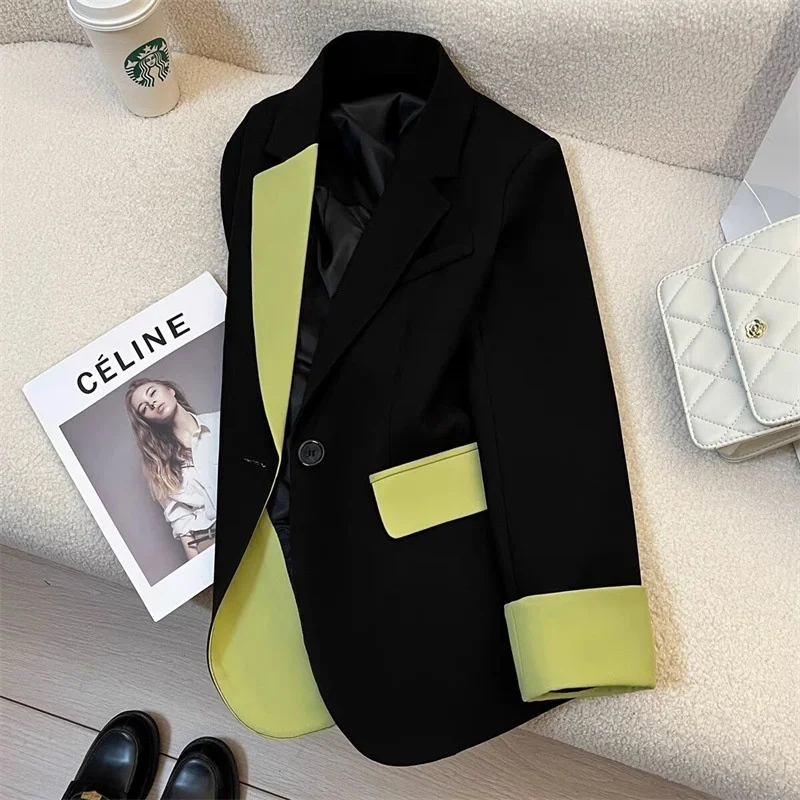 Black Color Block Suit Jacket Women's 2024 New Popular Lightweight Commute Style Polyester Fabric Regular Thickness
