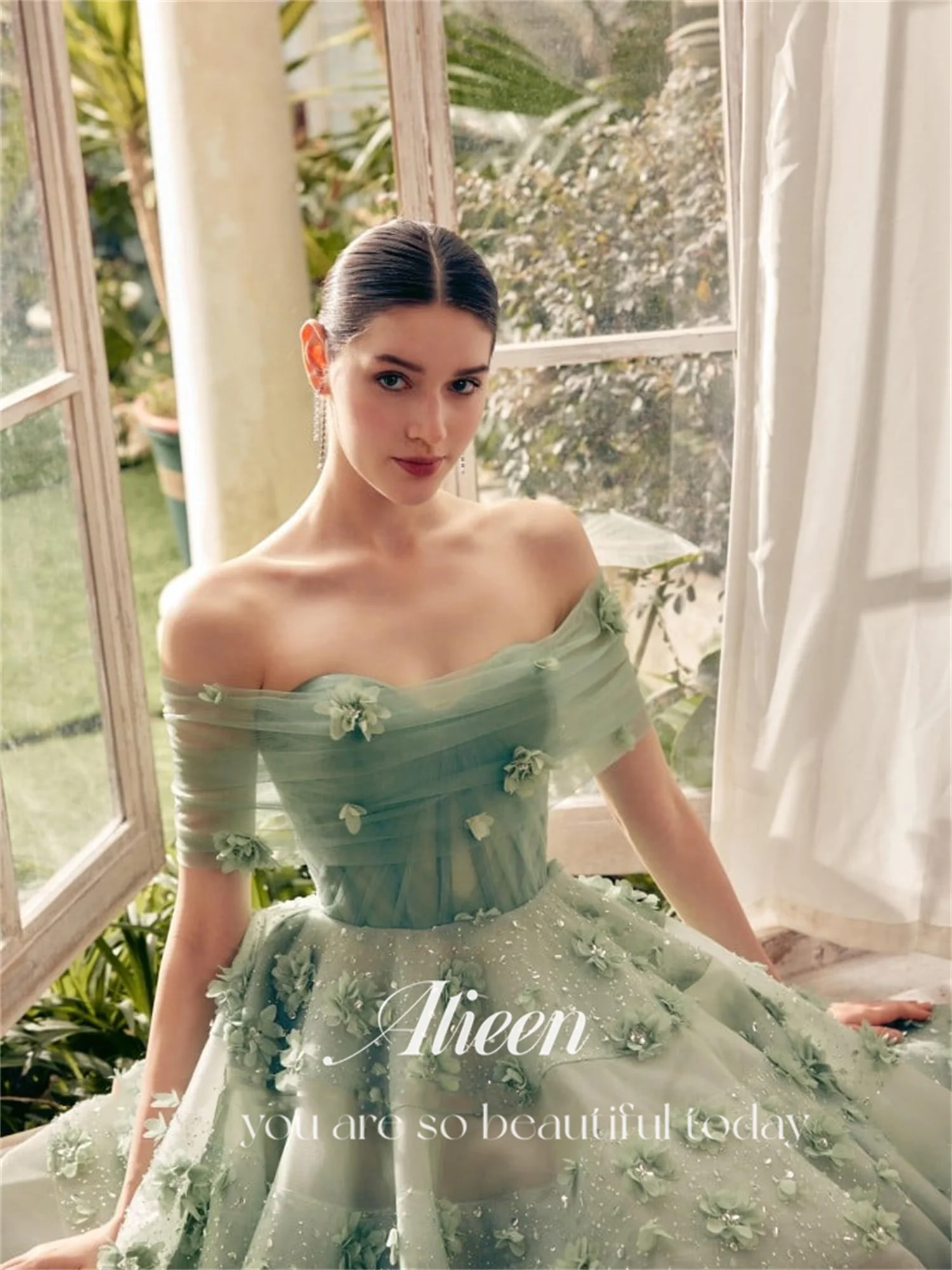 Aileen-vestido de princesa verde claro con flores 3D para mujer, vestidos de fiesta elegantes, vestido de noche brillante, vestidos de baile, Manual, multicapa, 2024