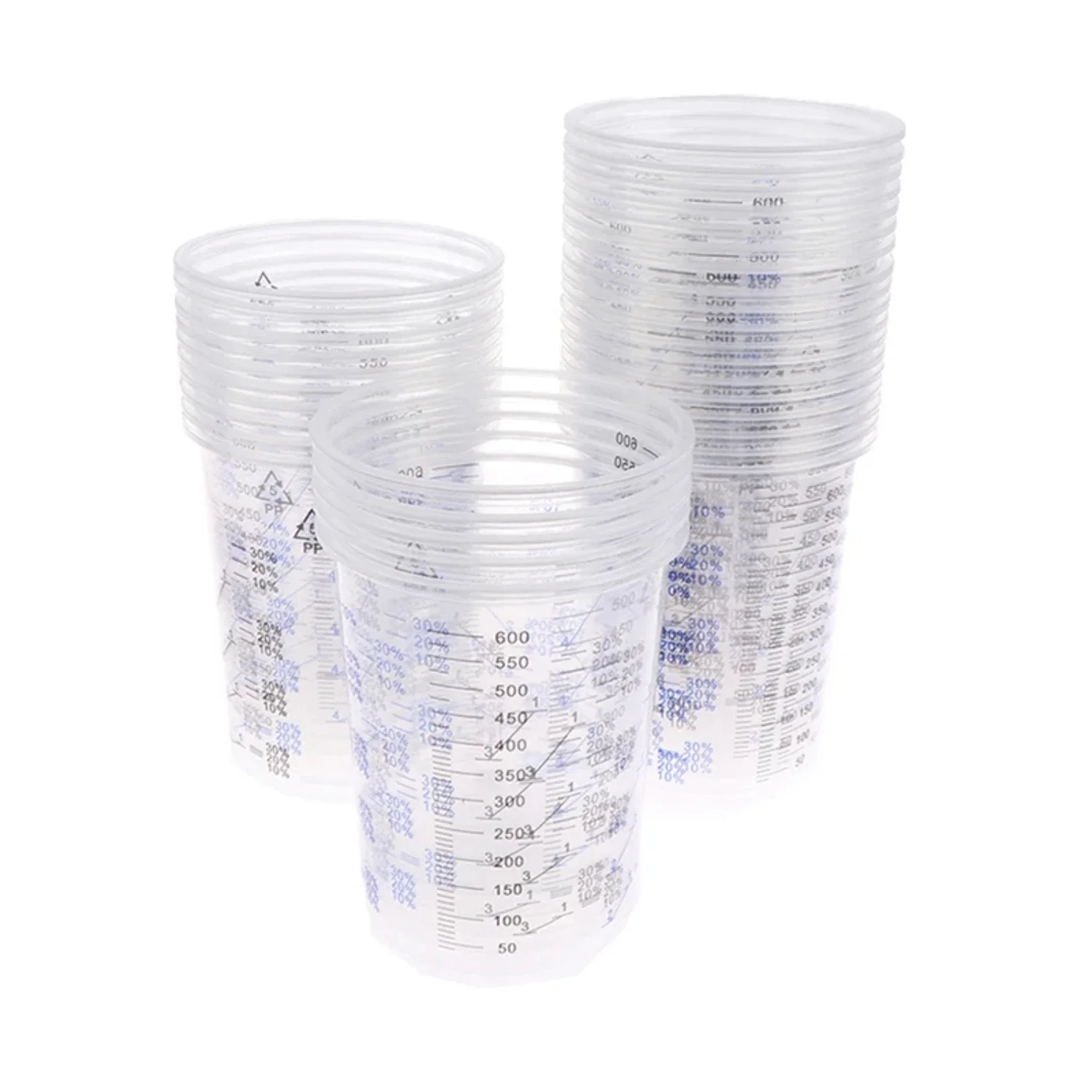 Convenient and Precise Set of 10/50 Disposable Plastic Mixing Cups - Graduated 600ml Measuring Cups for Accurate Mixing of Paint